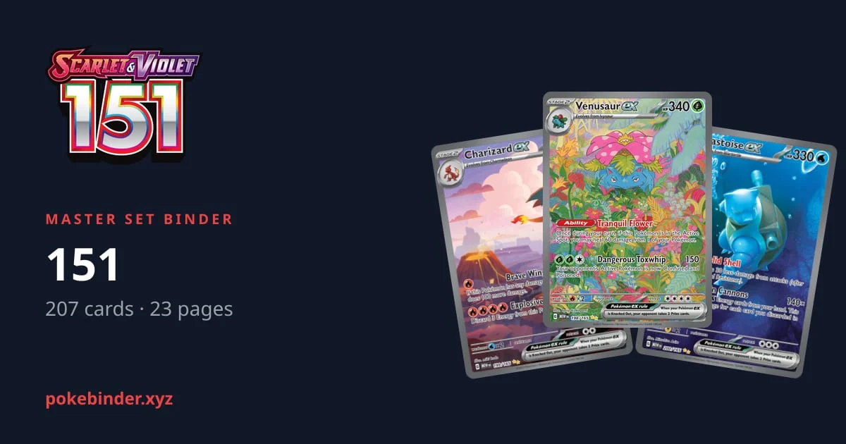 Pokémon 151 master set binder preview: the set logo, 207 cards on 23 pages, and three Special Illustration Rares.