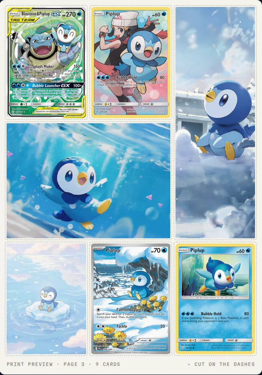 A Pokébinder print preview: Piplup cards and artwork laid out at card size on one sheet, with cut lines around each pocket.